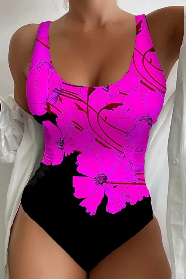 Deep Pink Sexy Print Backless Swimwears (With Paddings)