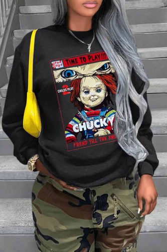 Black Casual Figure Print Letter O Neck Tops