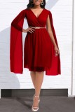 Champagne Casual Solid Patchwork With Belt V Neck Long Sleeve Dresses