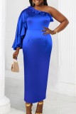 Blue Casual Solid Patchwork Backless Oblique Collar One Step Skirt Dresses