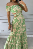 Green Sexy Elegant Print Frenulum Off the Shoulder Printed Dress Dresses