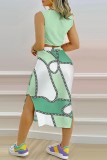 Light Green Casual Print Slit O Neck Sleeveless Two Pieces