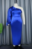 Blue Casual Solid Patchwork Backless Oblique Collar One Step Skirt Dresses