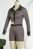 Coffee Casual Striped Print Patchwork Slit Shirt Collar Long Sleeve Two Pieces