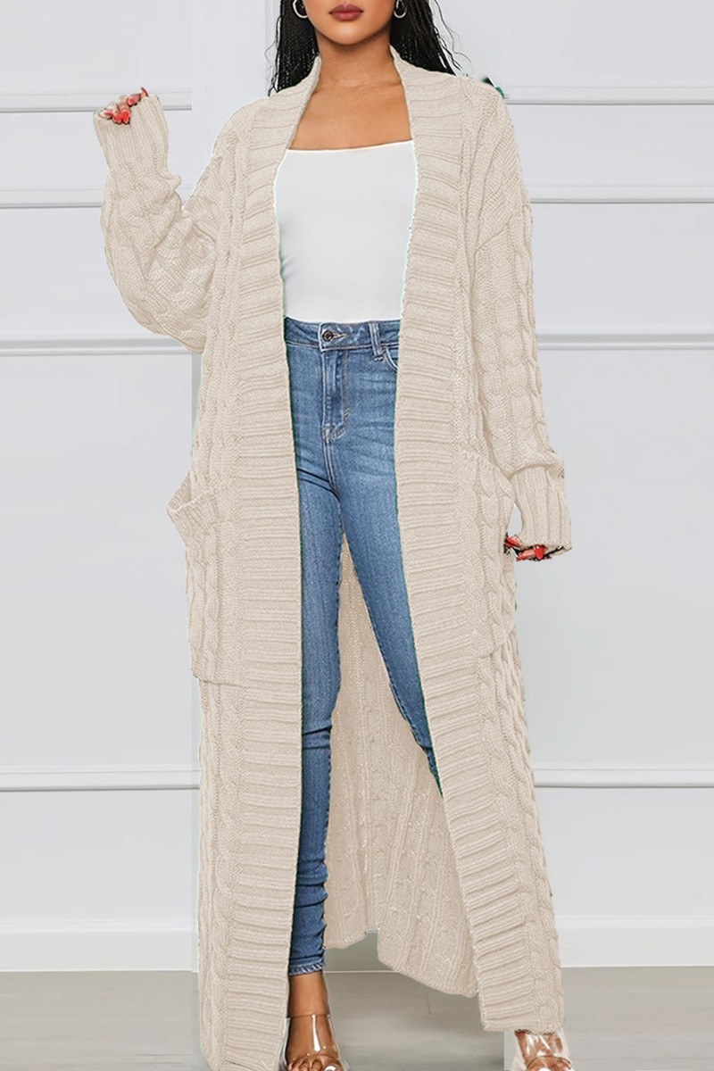 Casual Simplicity Solid Pocket Weave Cardigan Collar Outerwear