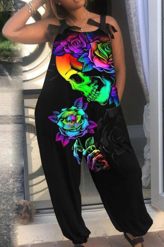 Black Halloween Costumes Skull Flower Print Sleeveless Tie Shoulder Cami Wide Leg Jumpsuit