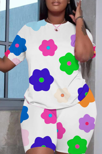 White Casual Print Basic O Neck Short Sleeve Two Pieces