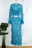 Blue Sexy Solid Hollowed Out See-through O Neck Beach Dress Dresses
