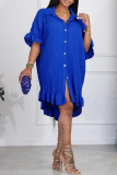 Royal Blue Casual Solid Patchwork Asymmetrical Turndown Collar Shirt Dress Short Sleeve Dress