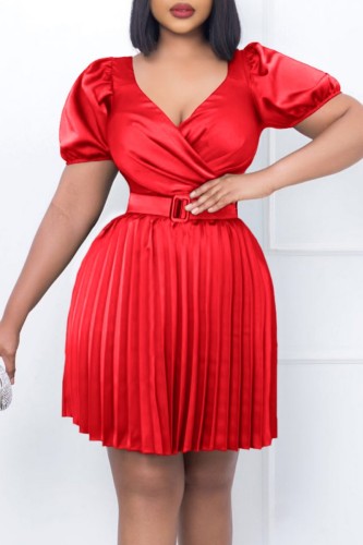 Red Casual Solid Patchwork With Belt V Neck Pleated Short Sleeve Dress