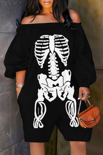 Black Casual Print Basic Off the Shoulder Regular Romper