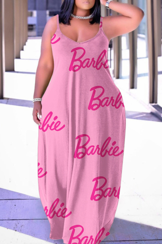 Pink Sexy Casual Print Backless Spaghetti Strap Long Dress Dresses