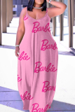 Pink Sexy Casual Print Backless Spaghetti Strap Long Dress Dresses
