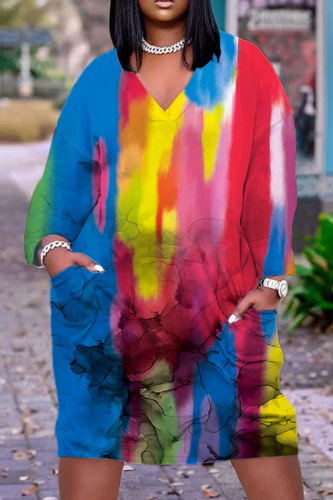 Blue Red Casual Print Basic V Neck Long Sleeve Dresses