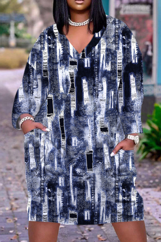Dark Blue Casual Print Basic V Neck Long Sleeve Dresses