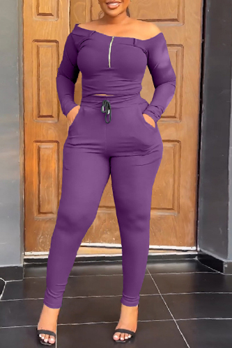 Purple Casual Solid Patchwork Off the Shoulder Long Sleeve Two Pieces