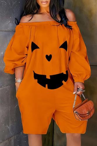Orange Casual Print Basic Off the Shoulder Regular Romper