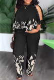 Green Casual Floral Patchwork Beading Knotted O Neck Plus Size Two Pieces