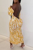 Yellow Casual Print Backless Off the Shoulder One Step Skirt Dresses