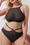 Black Sexy Solid See-through Backless O Neck Plus Size Underwear Set