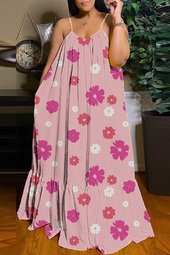 Pink Sexy Casual Print Backless Spaghetti Strap Long Dress Dresses
