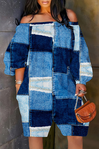 Blue Casual Print Basic Off the Shoulder Regular Romper