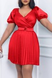 Red Casual Solid Patchwork With Belt V Neck Pleated Short Sleeve Dress