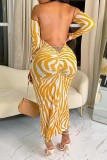 Yellow Casual Print Backless Off the Shoulder One Step Skirt Dresses