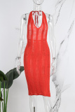 Orange Sexy Solid Bandage See-through Backless Halter Long Dress Dresses