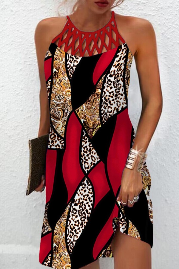 Red Casual Print Hollowed Out O Neck Sleeveless Dress Dresses