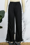 Black Street Solid Hollowed Out Patchwork Cross Straps Loose Wide Leg Solid Color Bottoms