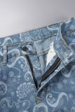 Blue Casual Print Patchwork High Waist Regular Denim Jeans (Subject To The Actual Object)
