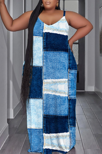 Blue Casual Print Backless Spaghetti Strap Long Dress Plus Size Dresses