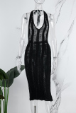 Black Sexy Solid Bandage See-through Backless Halter Long Dress Dresses