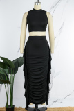 Black Casual Solid Patchwork Fold Half A Turtleneck Sleeveless Two Pieces
