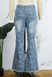Blue Casual Print Patchwork High Waist Regular Denim Jeans (Subject To The Actual Object)