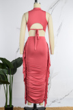 Rose Red Casual Solid Patchwork Fold Half A Turtleneck Sleeveless Two Pieces