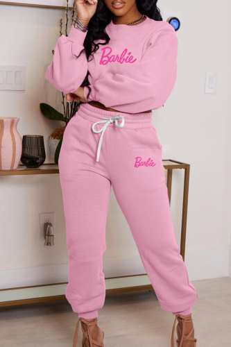 Pink Casual Letter Print Basic O Neck Long Sleeve Two Pieces