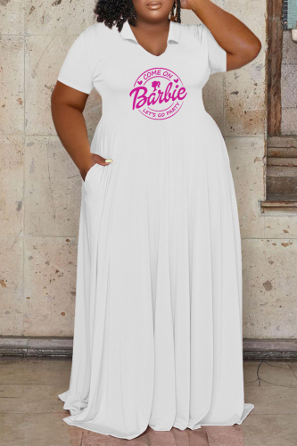 White Casual Letter Print Basic O Neck Short Sleeve Dress Plus Size Dresses