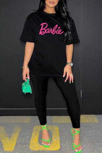 Black Casual Letter Print Basic O Neck Short Sleeve Two Pieces