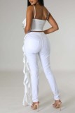 White Sexy Casual Solid Tassel Backless Spaghetti Strap Tops