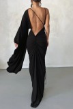 Black Sexy Casual Solid Backless Asymmetrical V Neck Long Dress Dresses