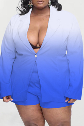 Blue Casual Gradual Change Print Basic Turn-back Collar Plus Size Two Pieces