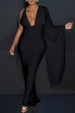 Black Sexy Casual Solid Backless Asymmetrical V Neck Long Dress Dresses
