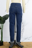 Deep Blue Casual Solid Patchwork High Waist Regular Denim Jeans