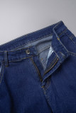 Deep Blue Casual Solid Patchwork High Waist Regular Denim Jeans