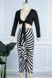 Black Sexy Casual Striped V Neck Long Sleeve Two Pieces