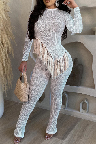 White Casual Solid Tassel Patchwork O Neck Short Sleeve Two Pieces