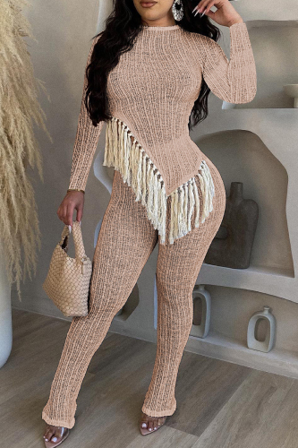 Khaki Casual Solid Tassel Patchwork O Neck Short Sleeve Two Pieces