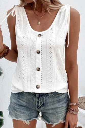 White Casual Solid Frenulum U Neck Tops